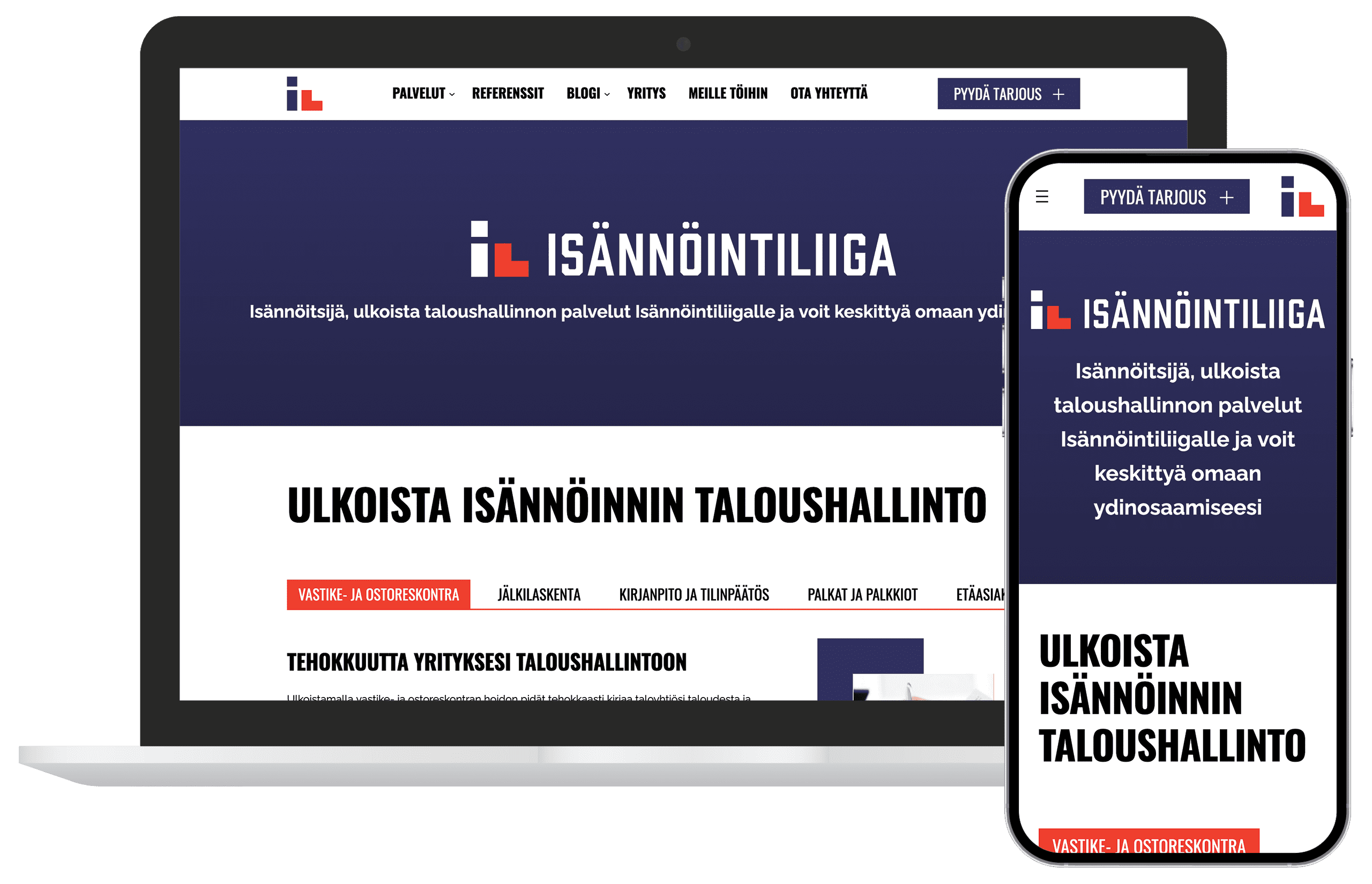 Mock-up LevelUpin Isännöintiliigalle suunnittelemista verkkosivuista